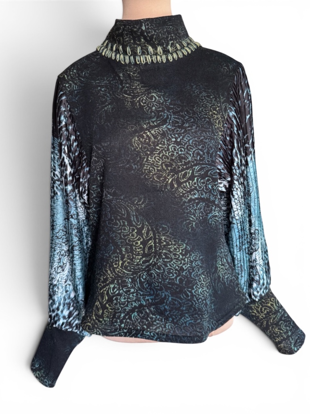 ALBERTO MAKALI Black Blue Paisley Mixed Media Turtleneck Sweater Top Women’s L